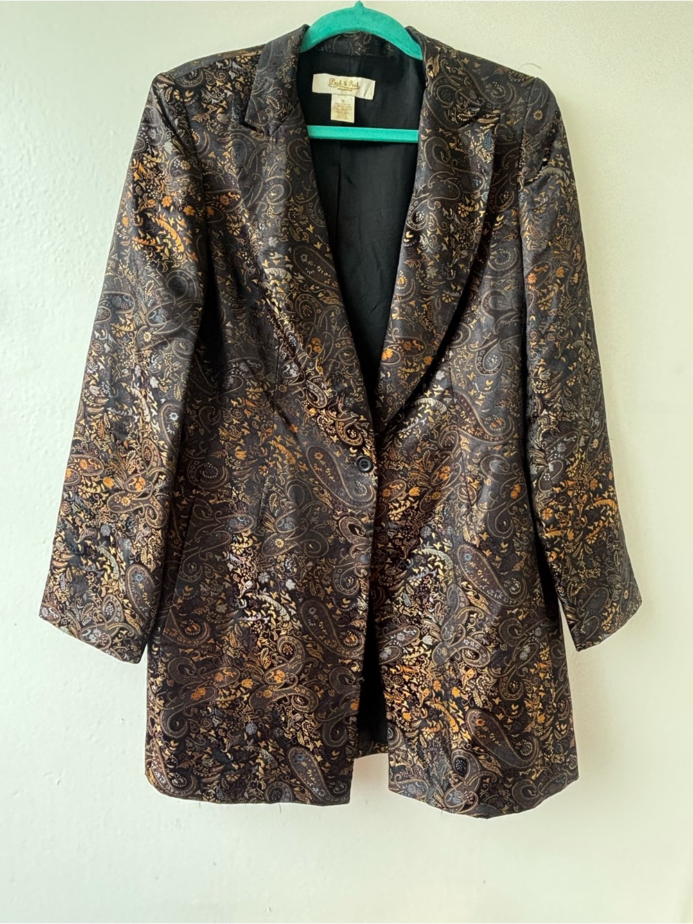 Paisley Print Long Blazer Jacket - Black & Gold - Vintage Style